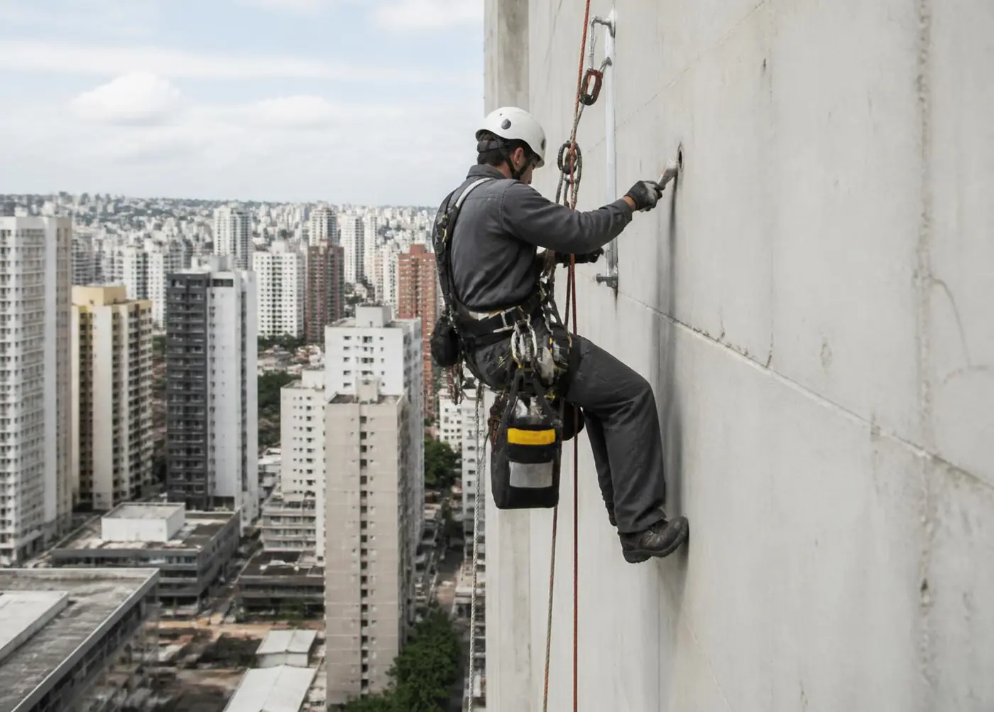 Profissional com cinto paraquedista trabalhando em fachada conectado à linha de vida